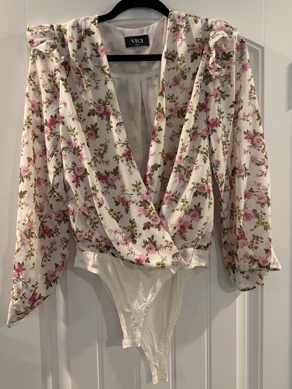 Vici Floral Pink Ruffle Yoke Long-Sleeve Bodysuit